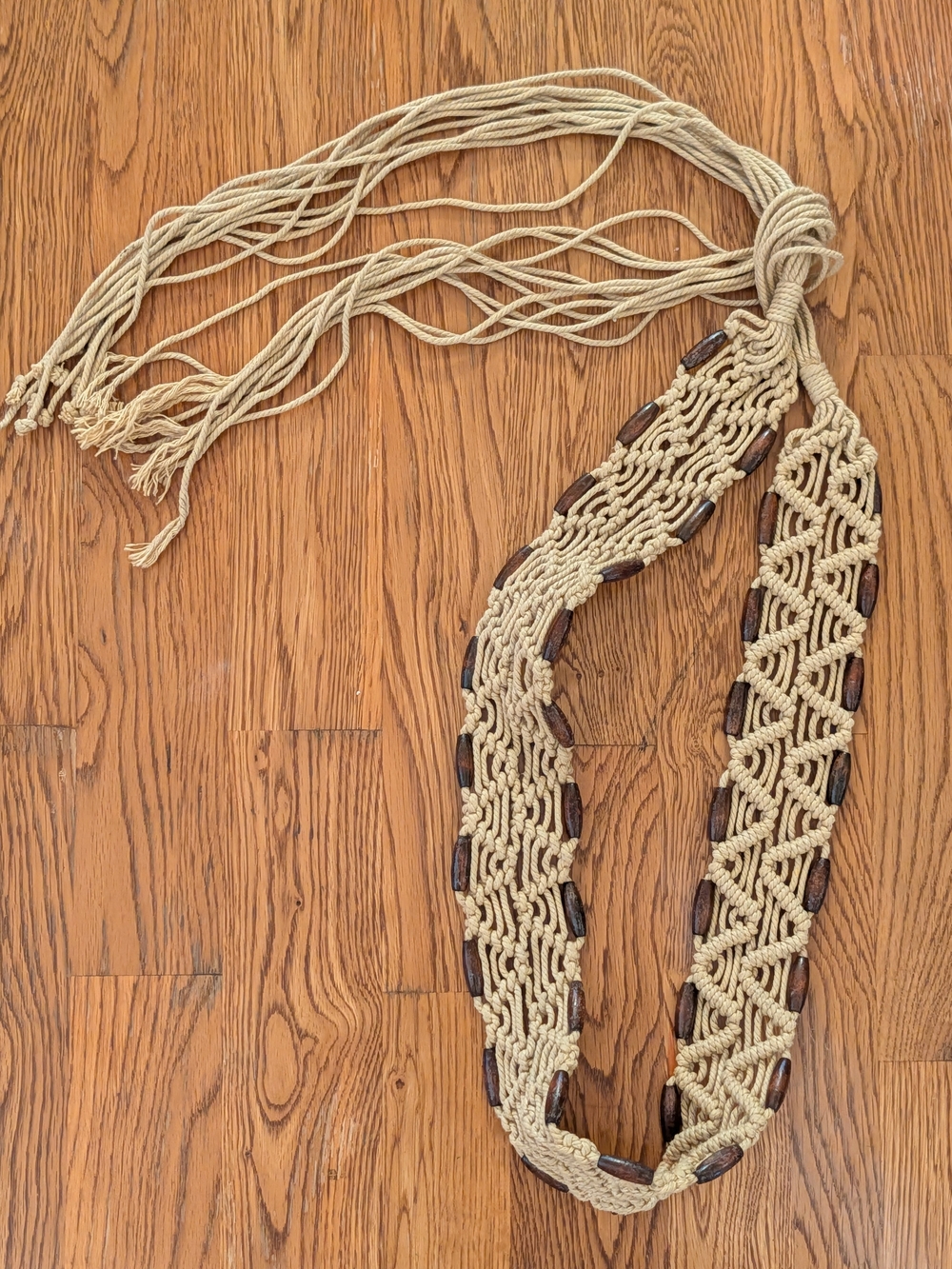 Bohemian Cream Macrame Belt with Wooden Beads Fringe Tie Ends